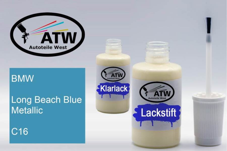 BMW, Long Beach Blue Metallic, C16: 20ml Lackstift + 20ml Klarlack - Set, von ATW Autoteile West.